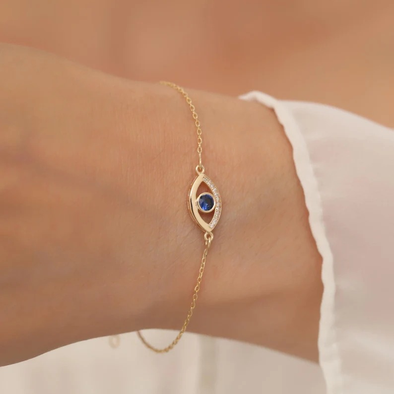 Minimalist Yellow Gold 925 Sterling Silver Evil Eye Birthstone Bracelet
