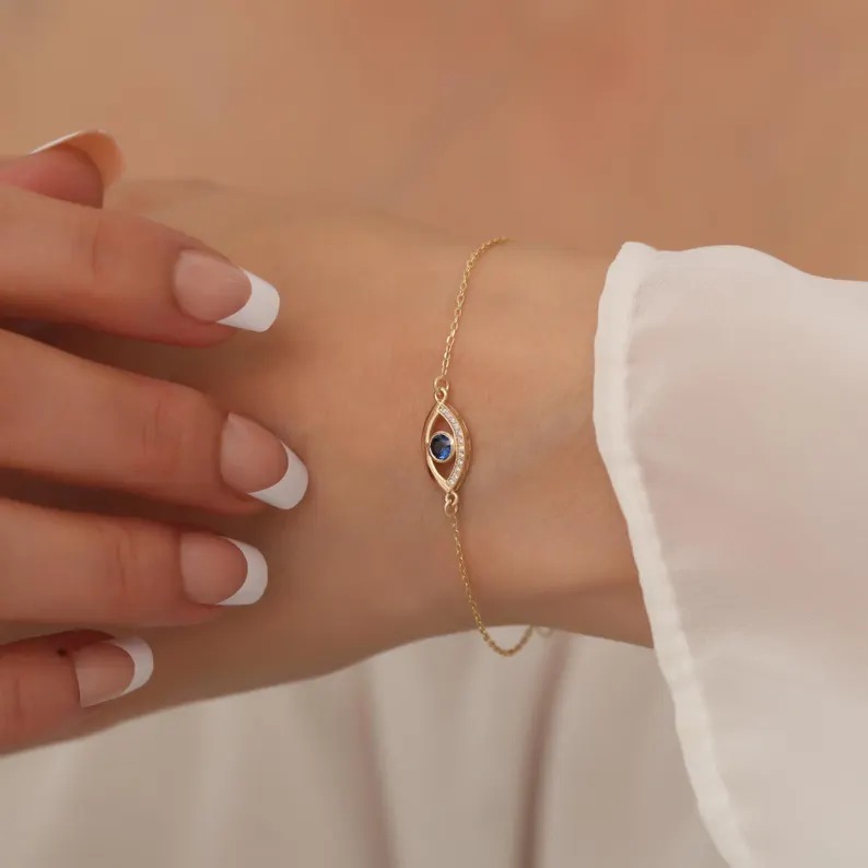 Minimalist Yellow Gold 925 Sterling Silver Evil Eye Birthstone Bracelet