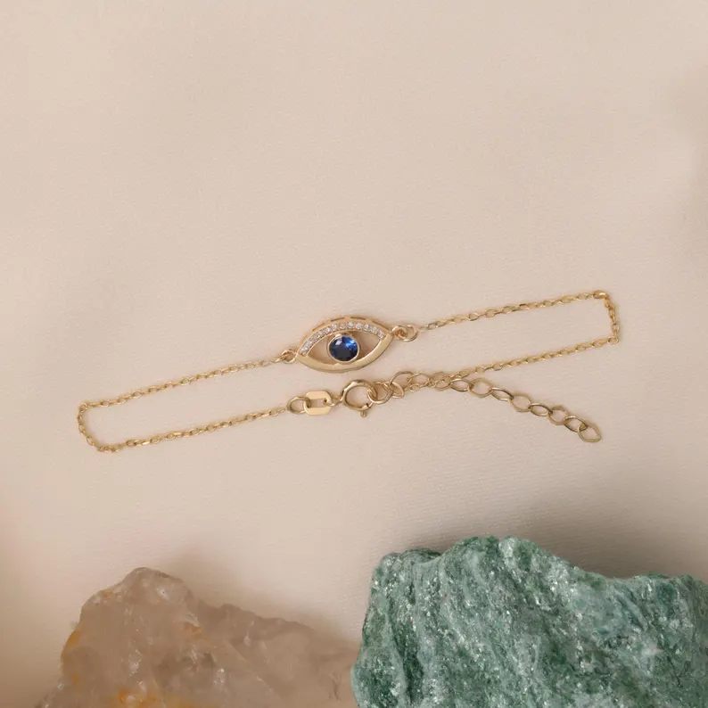 Minimalist Yellow Gold 925 Sterling Silver Evil Eye Birthstone Bracelet