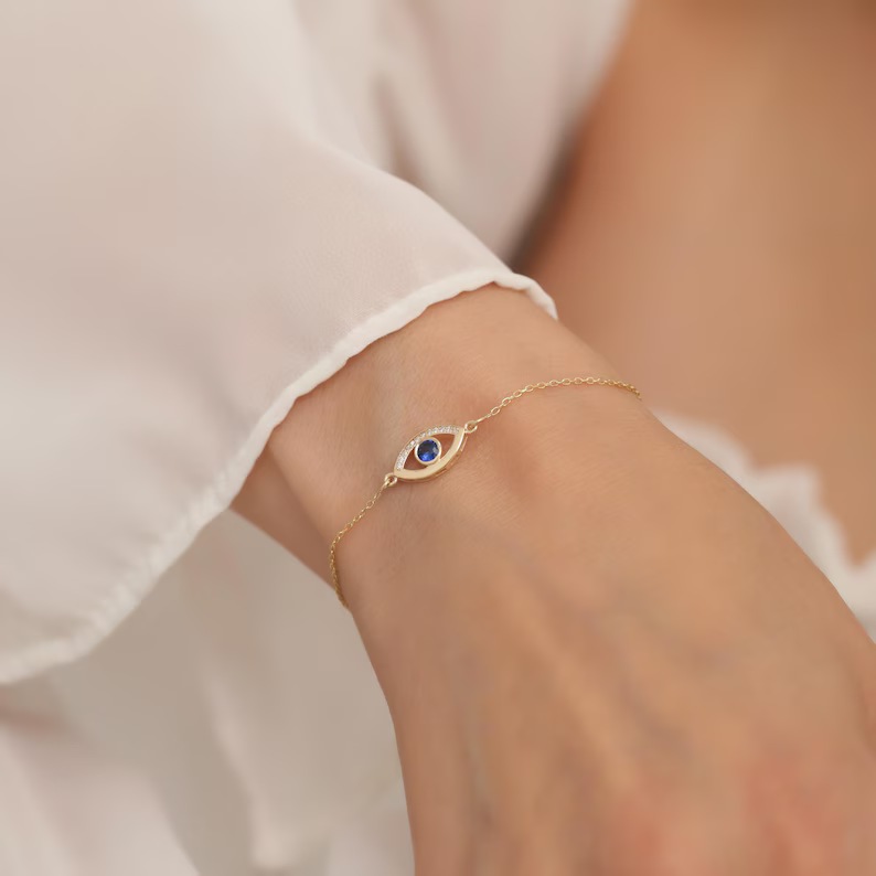 Minimalist Yellow Gold 925 Sterling Silver Evil Eye Birthstone Bracelet