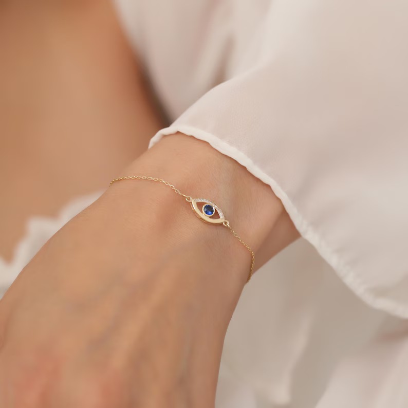 Minimalist Yellow Gold 925 Sterling Silver Evil Eye Birthstone Bracelet