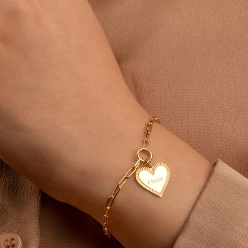 Personalized Yellow Gold 925 Sterling Silver Heart Charm Name Bracelet