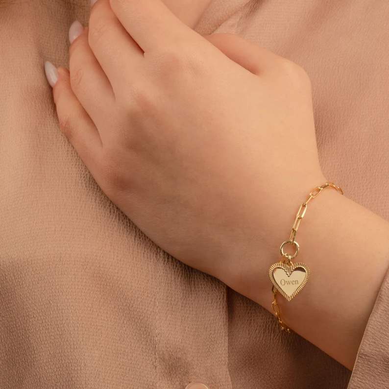 Personalized Yellow Gold 925 Sterling Silver Heart Charm Name Bracelet