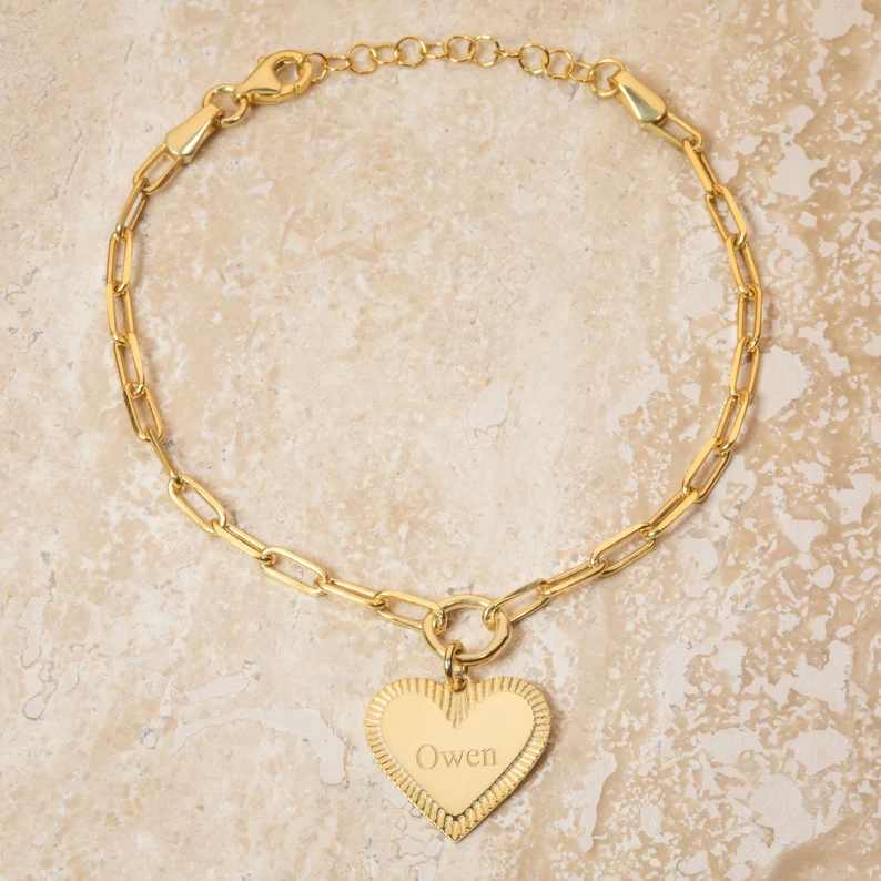 Personalized Yellow Gold 925 Sterling Silver Heart Charm Name Bracelet