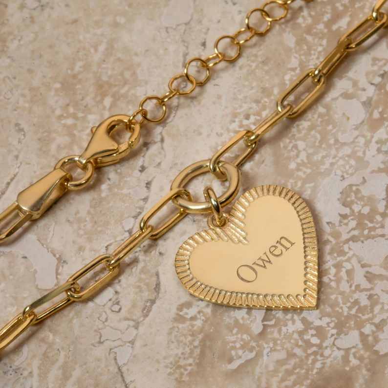 Personalized Yellow Gold 925 Sterling Silver Heart Charm Name Bracelet