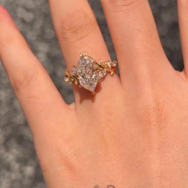 Marquise Cut Diamond White 925 Sterling Silver Yellow Gold Leaf Engagement Ring