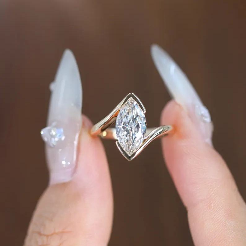 Unique Marquise Cut Yellow Gold Diamond White Sterling Silver Twisted Engagement Ring