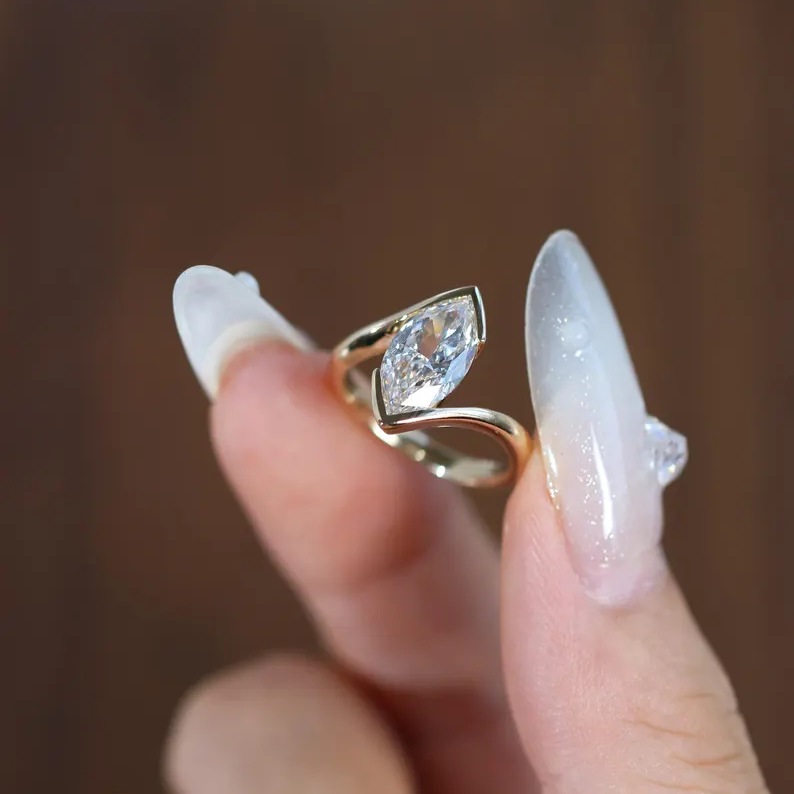 Unique Marquise Cut Yellow Gold Diamond White Sterling Silver Twisted Engagement Ring