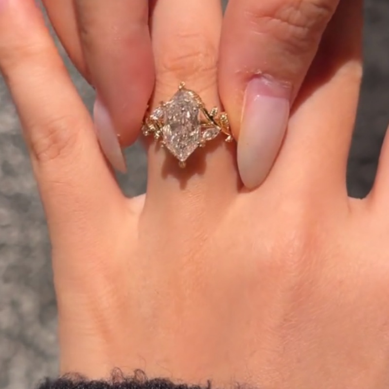 Marquise Cut Diamond White 925 Sterling Silver Yellow Gold Leaf Engagement Ring