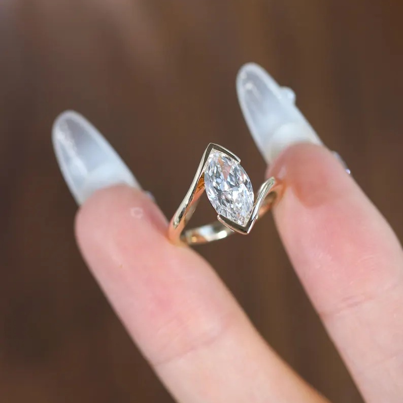 Unique Marquise Cut Yellow Gold Diamond White Sterling Silver Twisted Engagement Ring