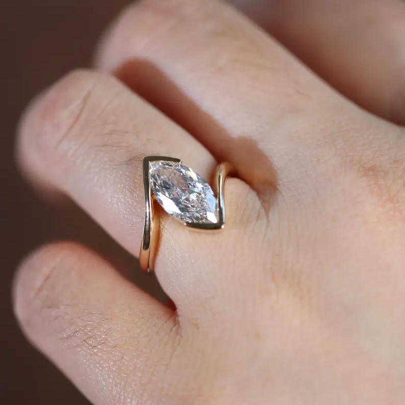 Unique Marquise Cut Yellow Gold Diamond White Sterling Silver Twisted Engagement Ring