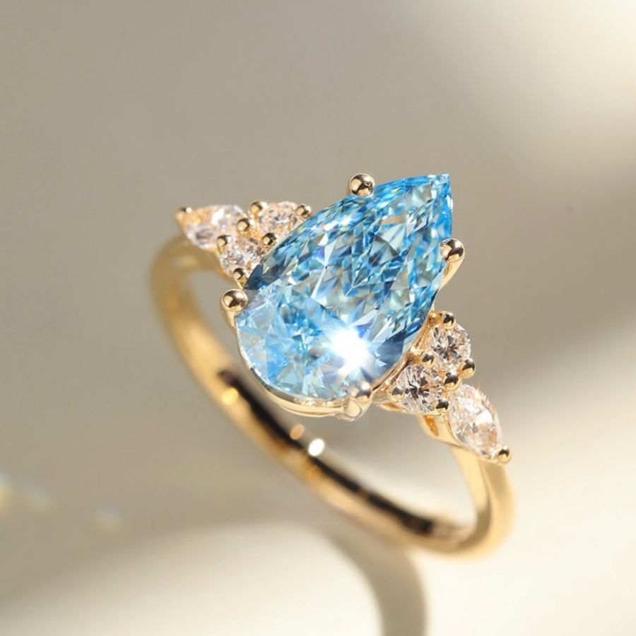 Pear Cut Aquamarine Blue Yellow Gold 925 Sterling Silver Three Stone Engagement Ring