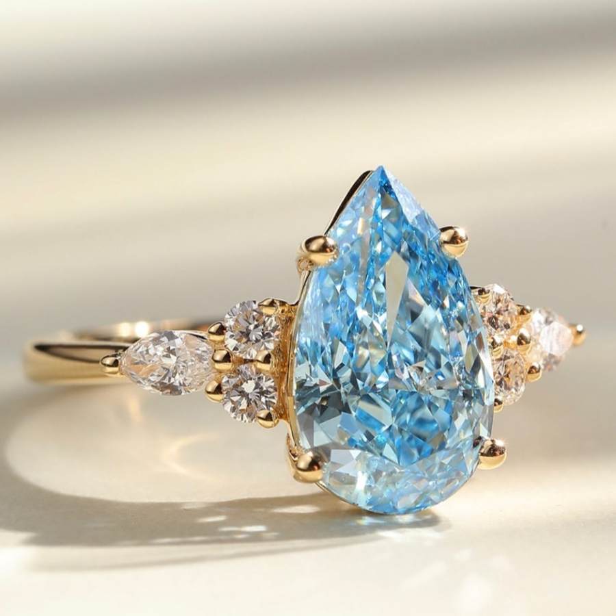 Pear Cut Aquamarine Blue Yellow Gold 925 Sterling Silver Three Stone Engagement Ring