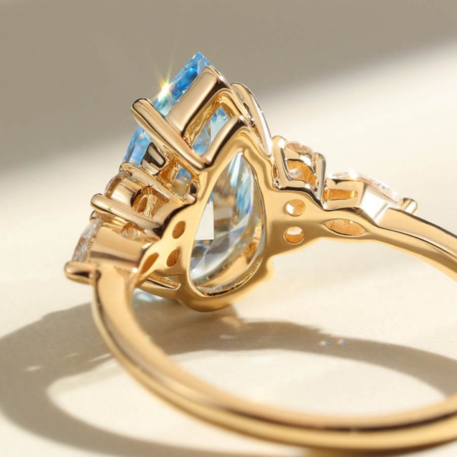 Pear Cut Aquamarine Blue Yellow Gold 925 Sterling Silver Three Stone Engagement Ring