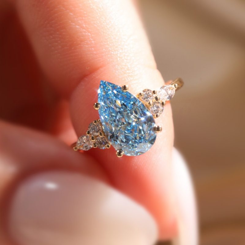 Pear Cut Aquamarine Blue Yellow Gold 925 Sterling Silver Three Stone Engagement Ring