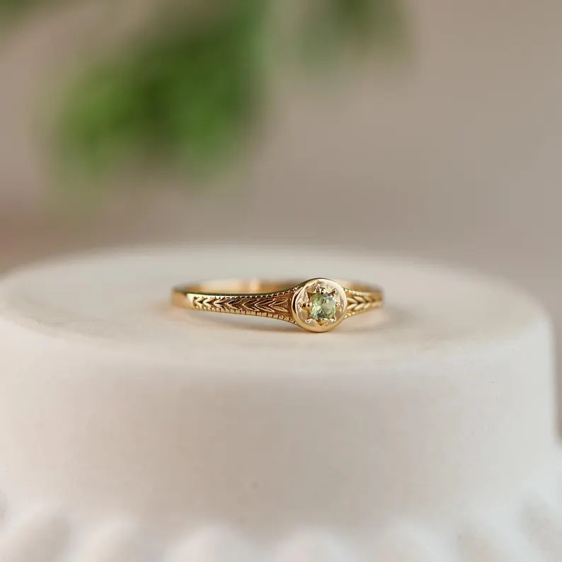 Dainty Round Cut Peridot Green Yellow Gold Sterling Silver Stackable Ring