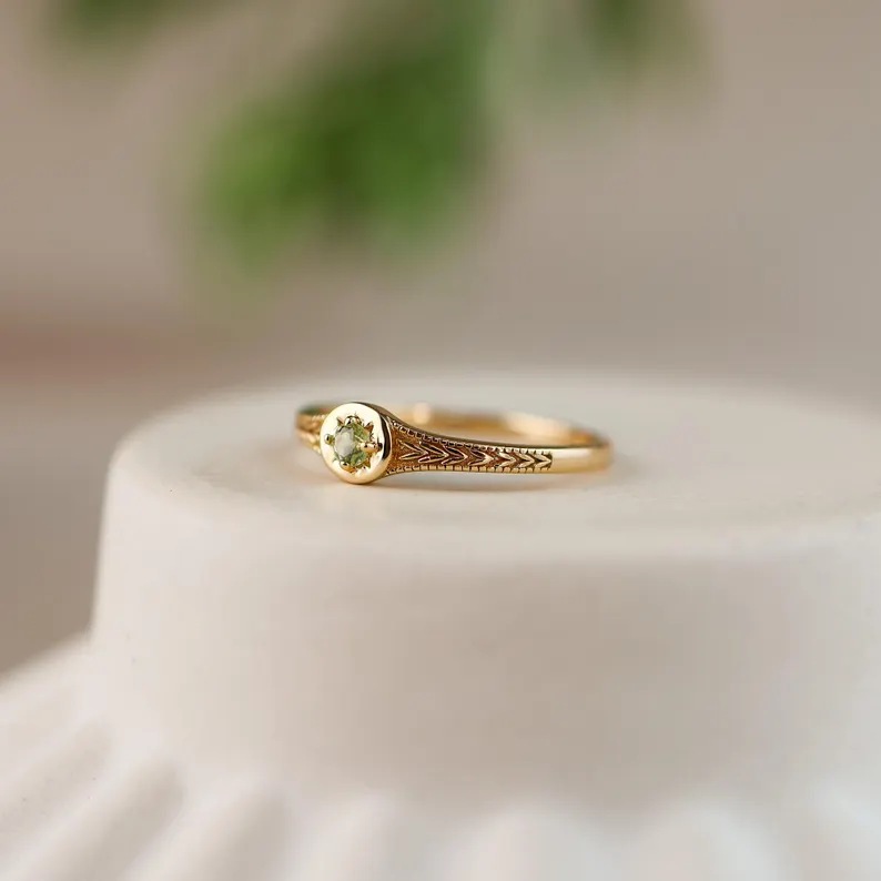 Dainty Round Cut Peridot Green Yellow Gold Sterling Silver Stackable Ring