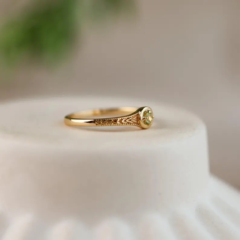 Dainty Round Cut Peridot Green Yellow Gold Sterling Silver Stackable Ring
