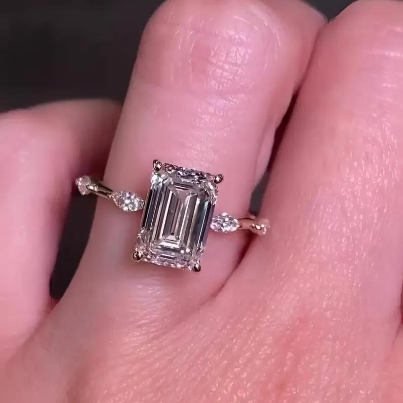 Emerald Cut Diamond White 925 Sterling Silver Rose Gold Engagement Ring