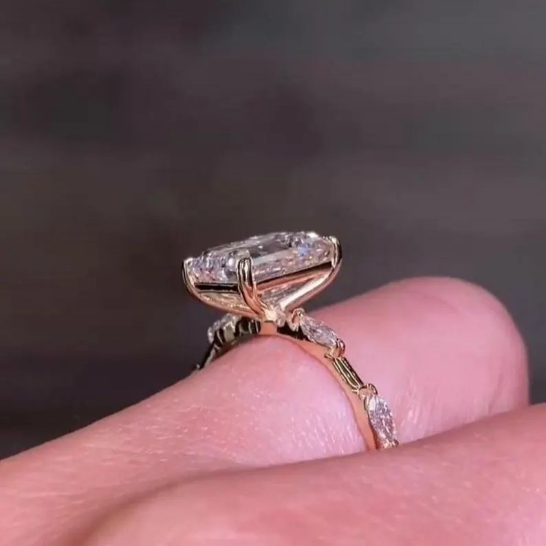 Emerald Cut Diamond White 925 Sterling Silver Rose Gold Engagement Ring