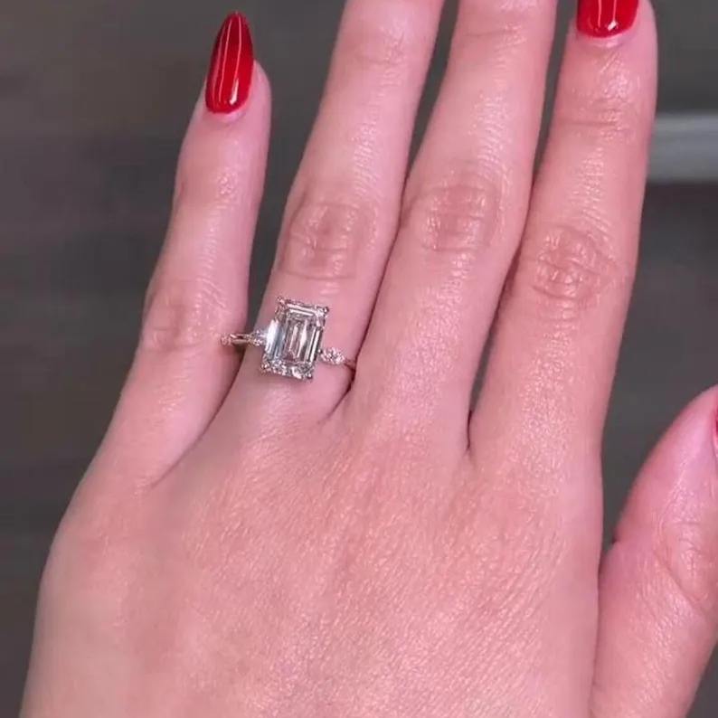 Emerald Cut Diamond White 925 Sterling Silver Rose Gold Engagement Ring