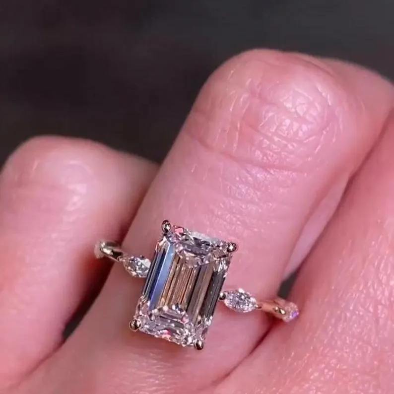 Emerald Cut Diamond White 925 Sterling Silver Rose Gold Engagement Ring