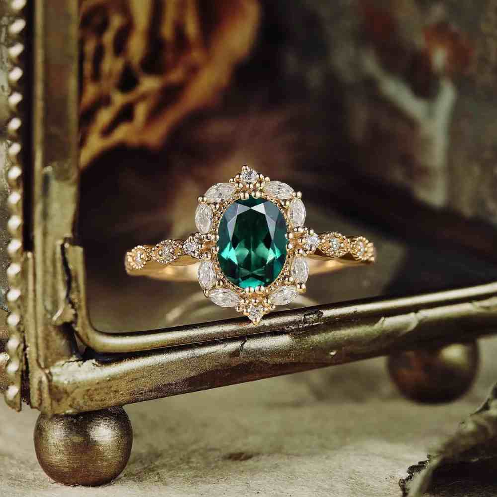 Oval Cut Emerald Green 925 Sterling Silver Yellow Gold Vintage Halo Engagement Ring