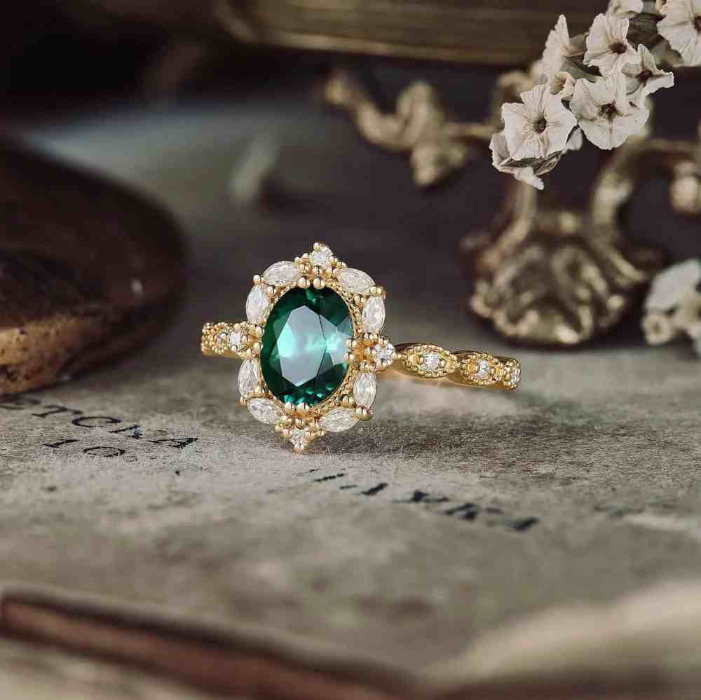 Oval Cut Emerald Green 925 Sterling Silver Yellow Gold Vintage Halo Engagement Ring