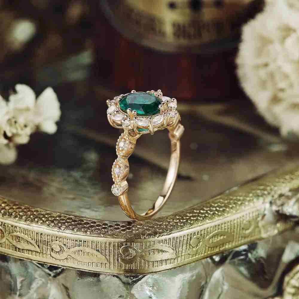 Oval Cut Emerald Green 925 Sterling Silver Yellow Gold Vintage Halo Engagement Ring