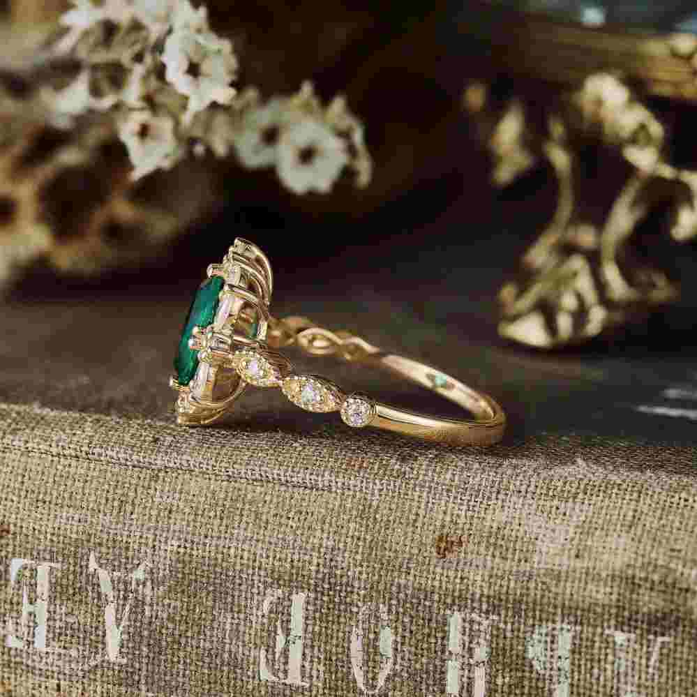 Oval Cut Emerald Green 925 Sterling Silver Yellow Gold Vintage Halo Engagement Ring