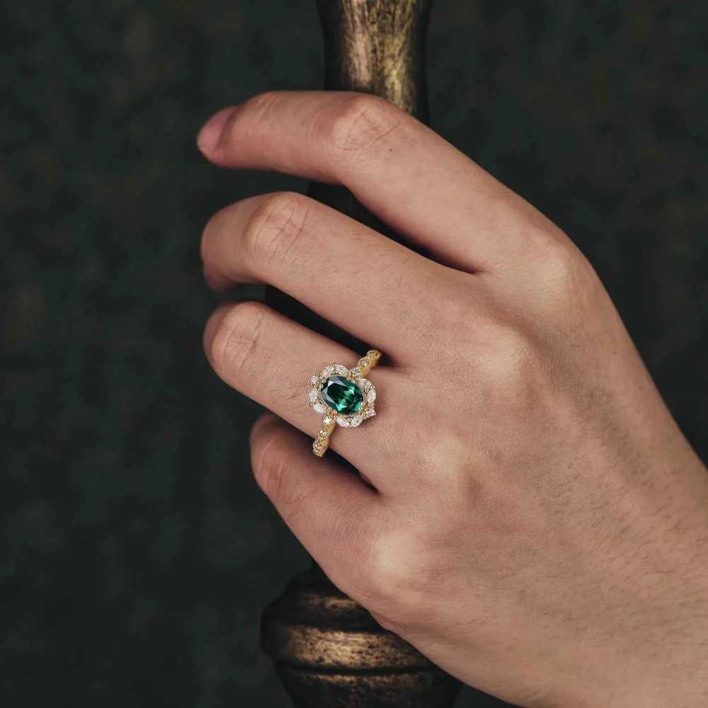 Oval Cut Emerald Green 925 Sterling Silver Yellow Gold Vintage Halo Engagement Ring