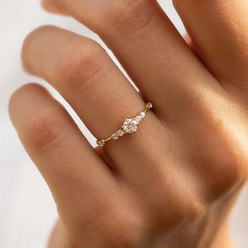 Round Cut Diamond White 925 Sterling Silver Yellow Gold Dainty Engagement Ring