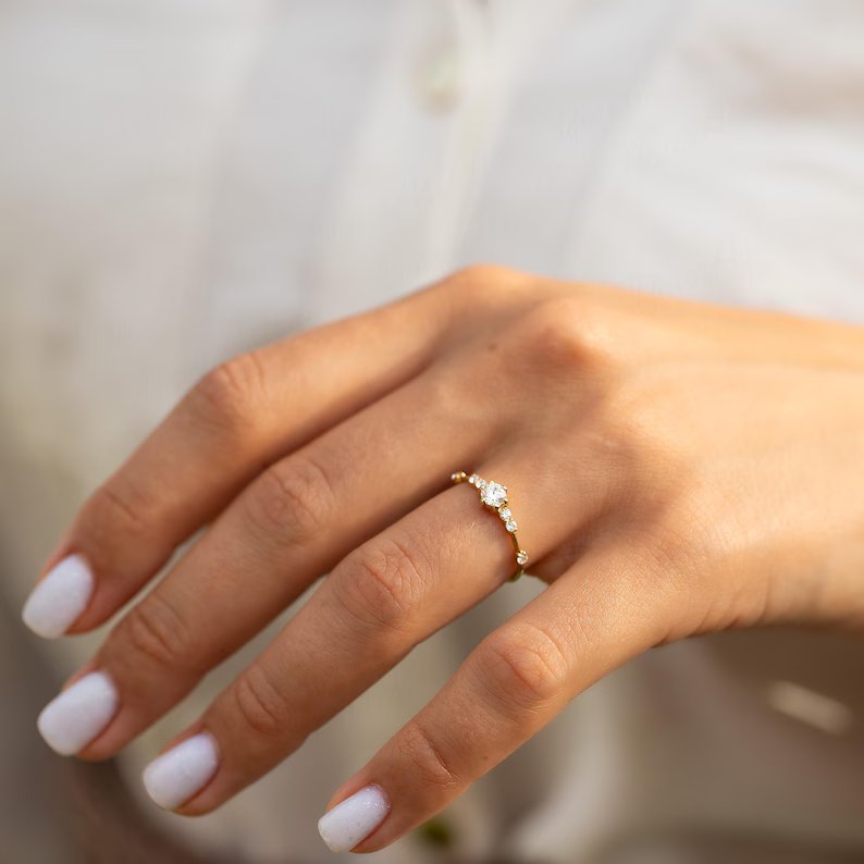 Round Cut Diamond White 925 Sterling Silver Yellow Gold Dainty Engagement Ring