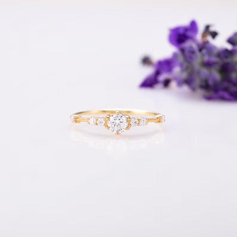 Round Cut Diamond White 925 Sterling Silver Yellow Gold Dainty Engagement Ring