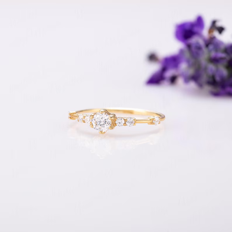 Round Cut Diamond White 925 Sterling Silver Yellow Gold Dainty Engagement Ring