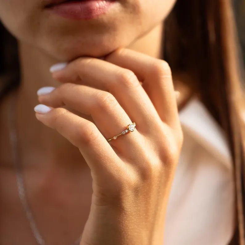 Round Cut Diamond White 925 Sterling Silver Yellow Gold Dainty Engagement Ring