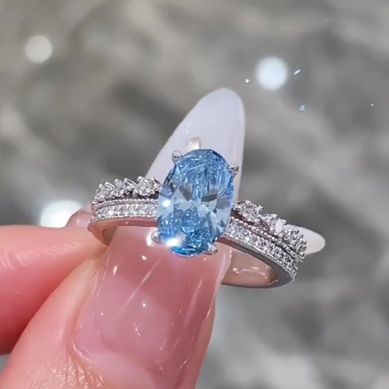 Oval Cut Sapphire Blue Sterling Silver Engagement Ring