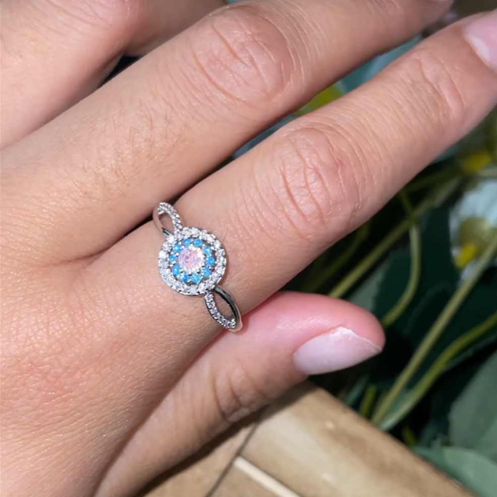 Round Cut Sterling Silver Fancy Pink Halo Engagement Ring