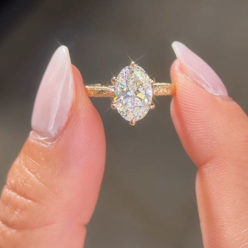 Vintage Oval Cut Diamond White Sterling Silver Yellow Gold Inspired Engagement Ring