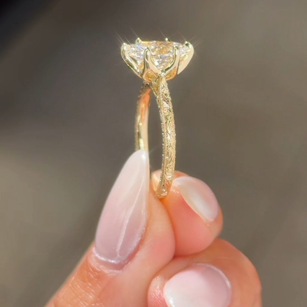 Vintage Oval Cut Diamond White Sterling Silver Yellow Gold Inspired Engagement Ring