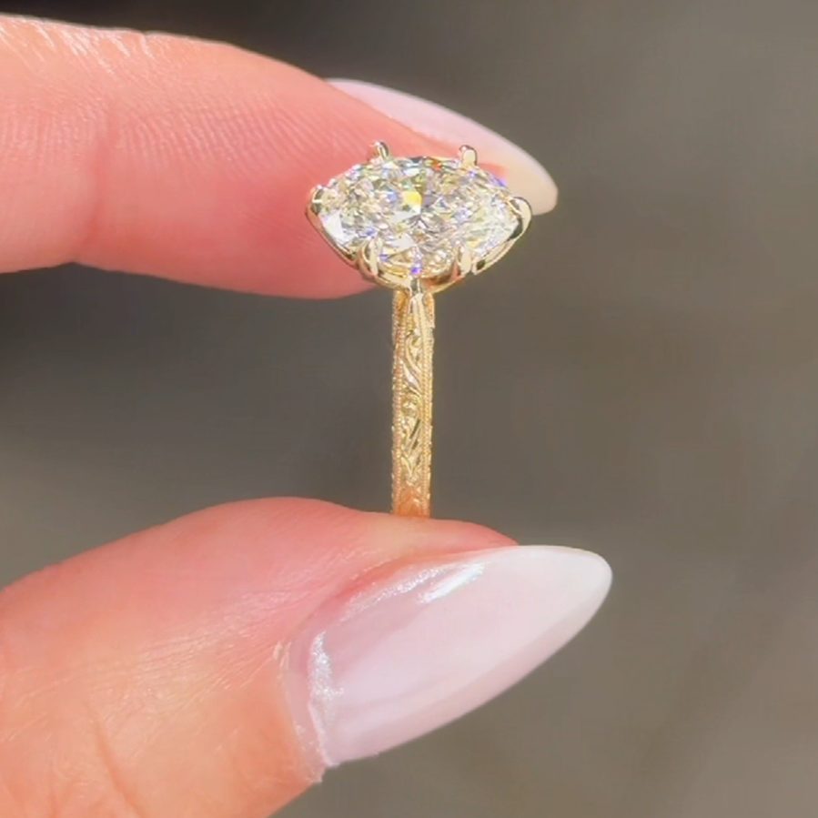 Vintage Oval Cut Diamond White Sterling Silver Yellow Gold Inspired Engagement Ring