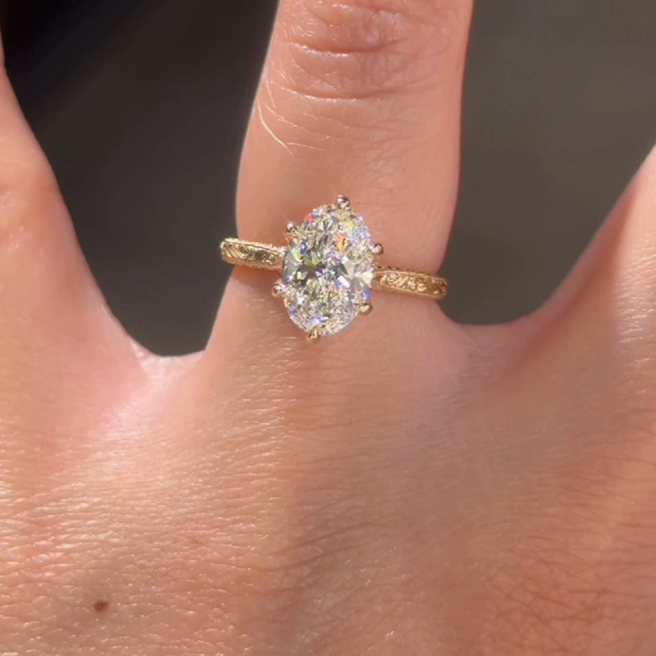 Vintage Oval Cut Diamond White Sterling Silver Yellow Gold Inspired Engagement Ring