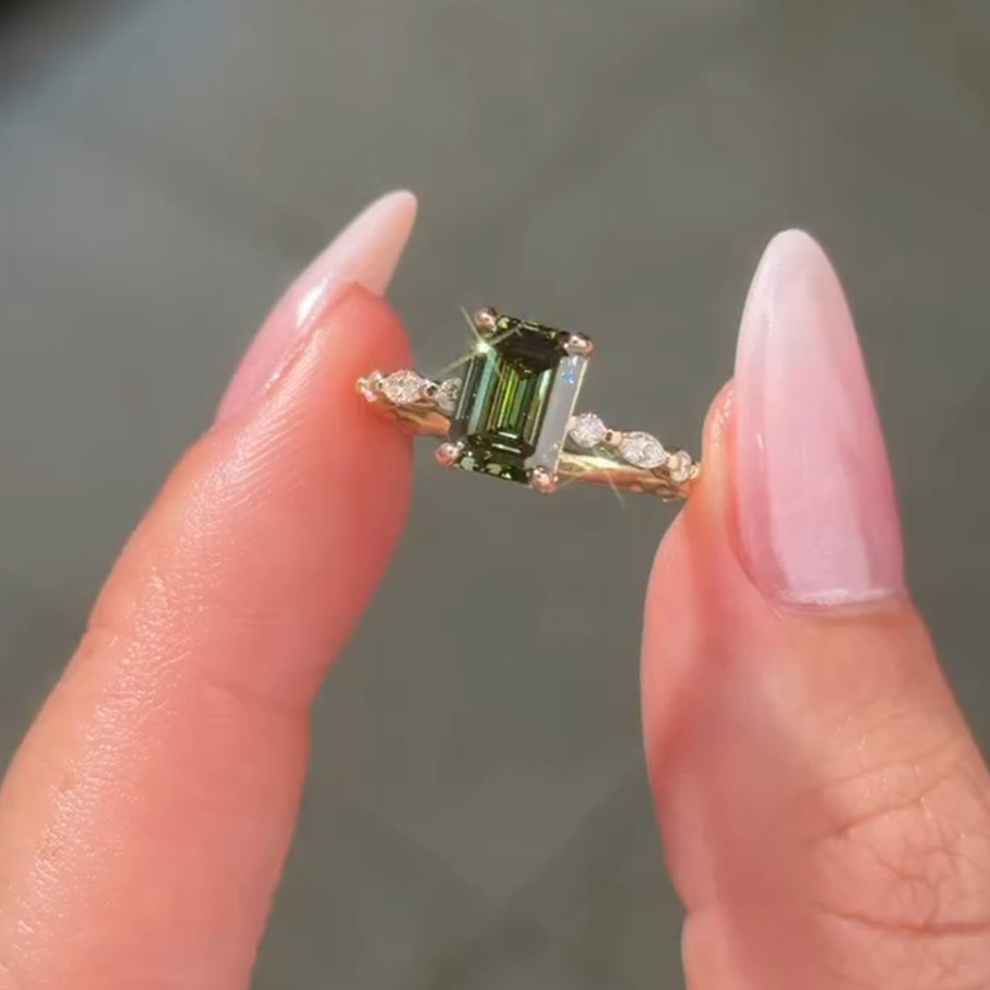 Classic Emerald Cut Yellow Gold Peridot Green 925 Sterling Silver Engagement Ring
