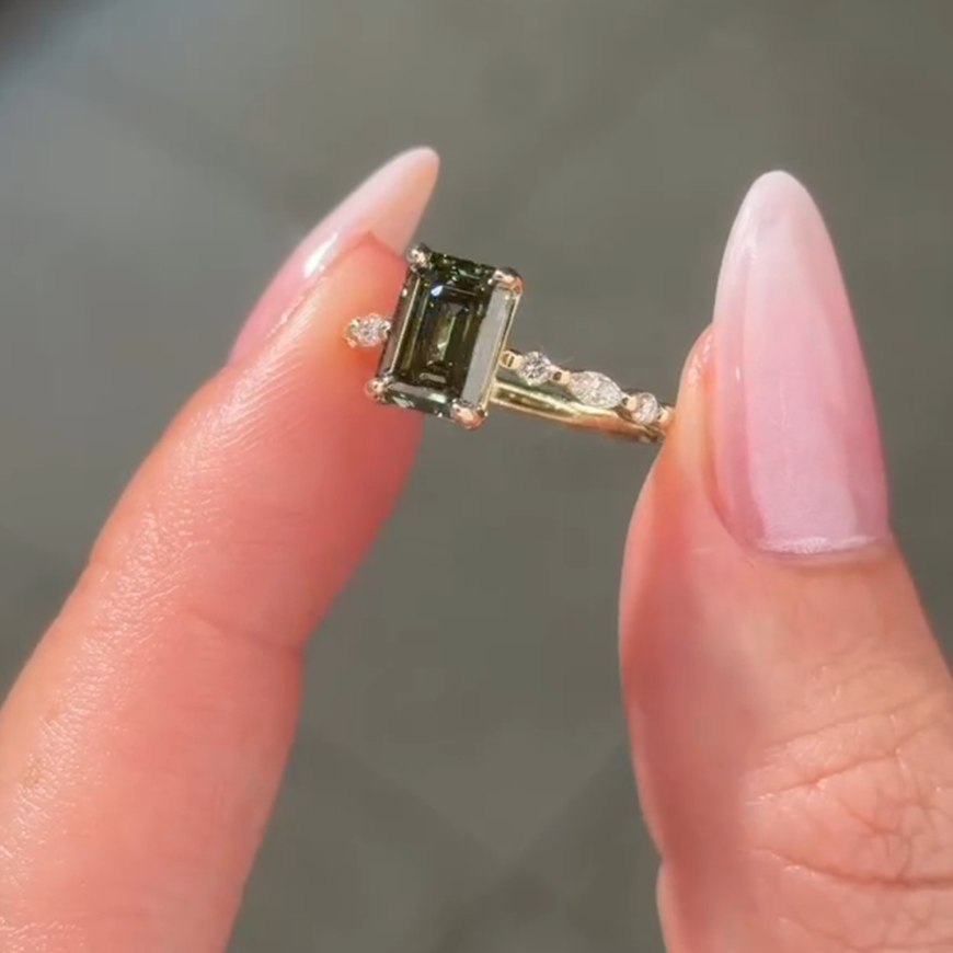 Classic Emerald Cut Yellow Gold Peridot Green 925 Sterling Silver Engagement Ring