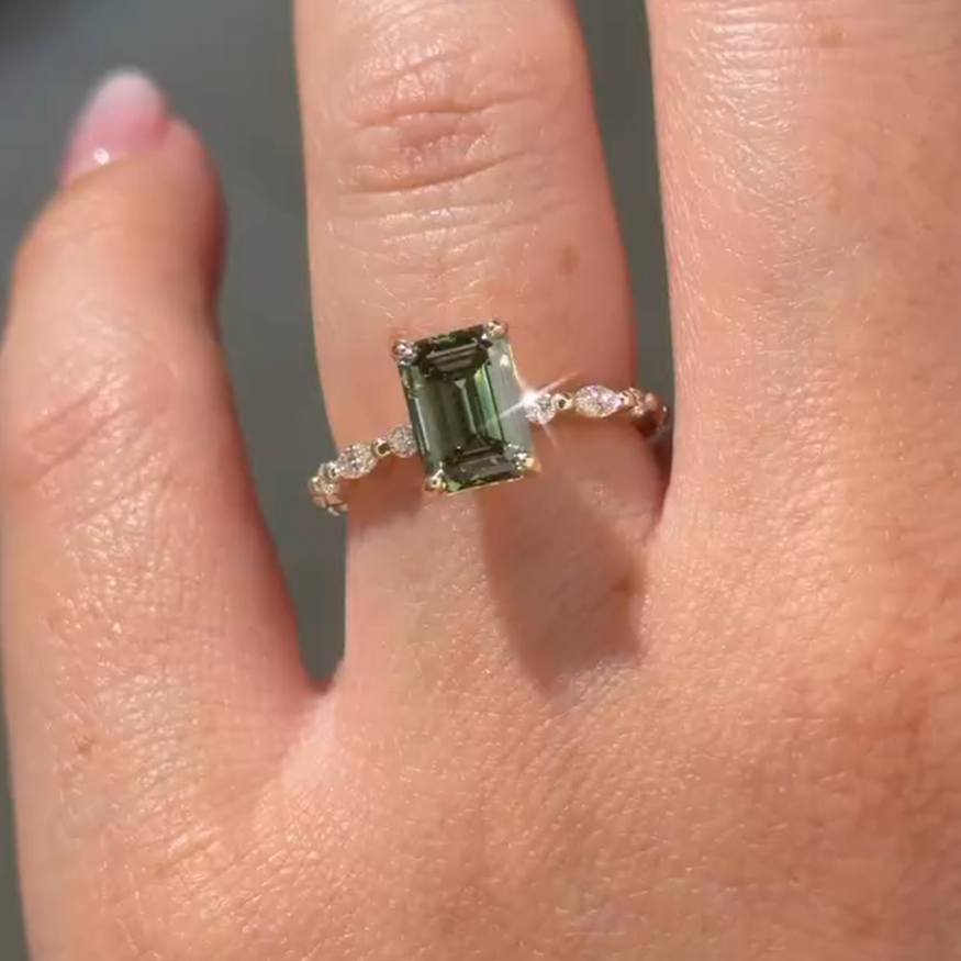 Classic Emerald Cut Yellow Gold Peridot Green 925 Sterling Silver Engagement Ring