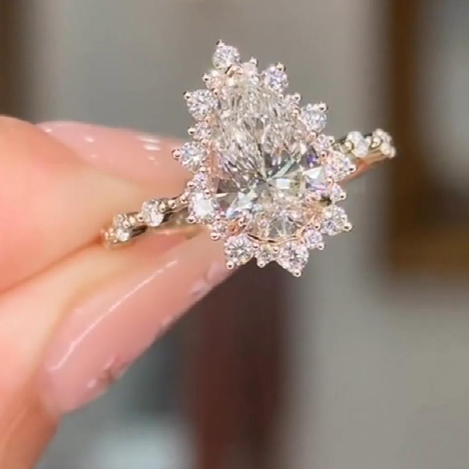 Pear Cut Yellow Gold Diamond White 925 Sterling Silver Engagement Ring