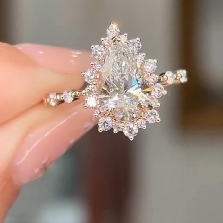Pear Cut Yellow Gold Diamond White 925 Sterling Silver Engagement Ring