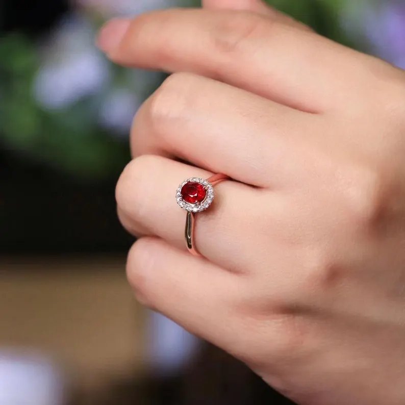 Minimalist Round Cut Rose Gold Ruby Red 925 Sterling Silver Solitaire Engagement Ring