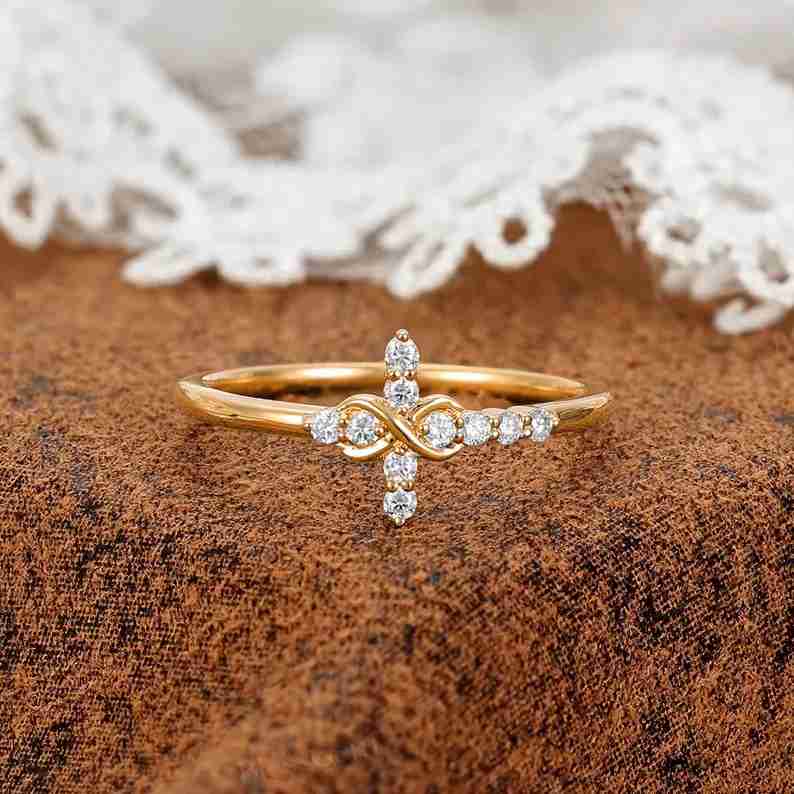 Round Cut Diamond White Sterling Silver Infinity Cross Engagement Ring