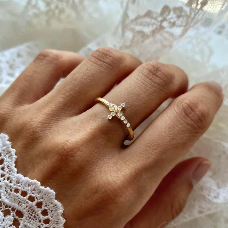 Round Cut Diamond White Sterling Silver Infinity Cross Engagement Ring